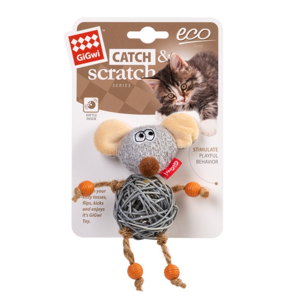Игрушка для котов Мышка с колокольчиком GiGwi Catch&Scratch, текстиль, веревка, ротанг, 8 см 2300 фото