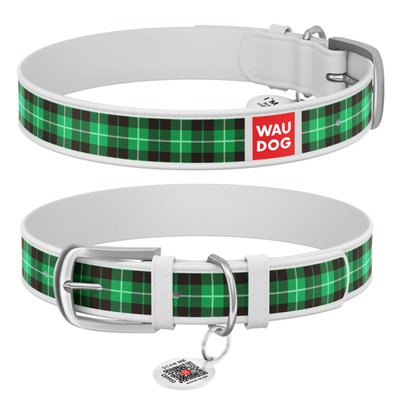 Ошейник WAUDOG Design с рисунком "Шотландка зеленая", премиум кожа, металлическая пряжка (ширина 12 мм, длина 19-25 см) белый 0012-0099-15 фото