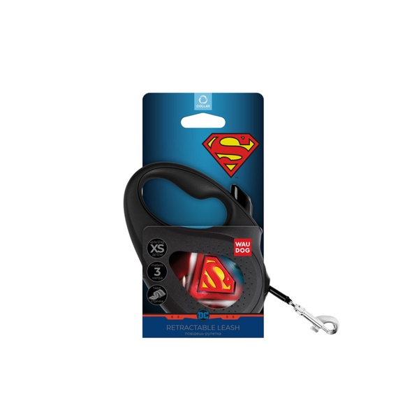 Повідець-рулетка для собак зі світловідбиваючою стрічкою Супермен лого Waudog, XS, чорний 8123-1012-01 фото