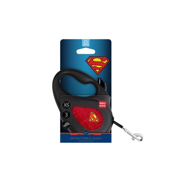 Повідець-рулетка для собак зі світловідбиваючою стрічкою Супермен лого червоний Waudog, XS, чорний 8123-1007-01 фото