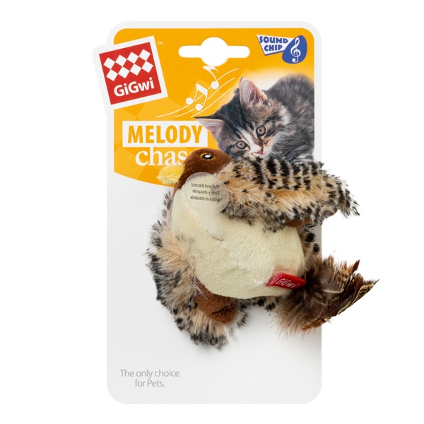 Игрушка для котов Птичка со звуковым чипом и кошачей мятой GiGwi Melody chaser, искусственный мех, перо, 13 см 75042 фото