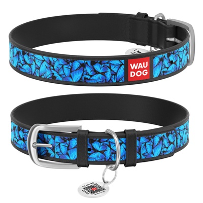 Нашийник для собак з преміум шкіри Блакитні метелики Waudog, XXS, чорний 0012-0085-01 фото