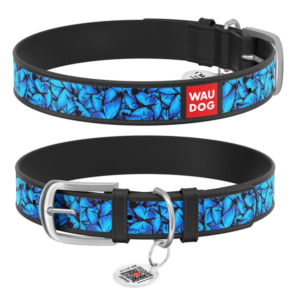 Нашийник для собак з преміум шкіри Блакитні метелики Waudog, XXS, чорний 0012-0085-01 фото