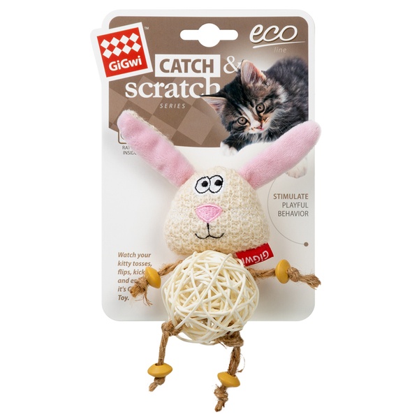 Игрушка для котов Зайчик с плетеным мячиком и колокольчиком GiGwi Catch&scratch, полиэстер, 10 см 2344 фото